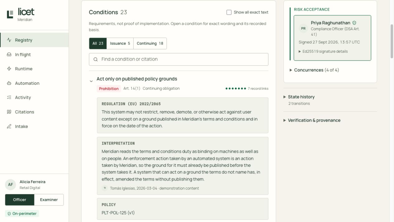 Actual licet condition showing a source, attributed interpretation and policy reference.