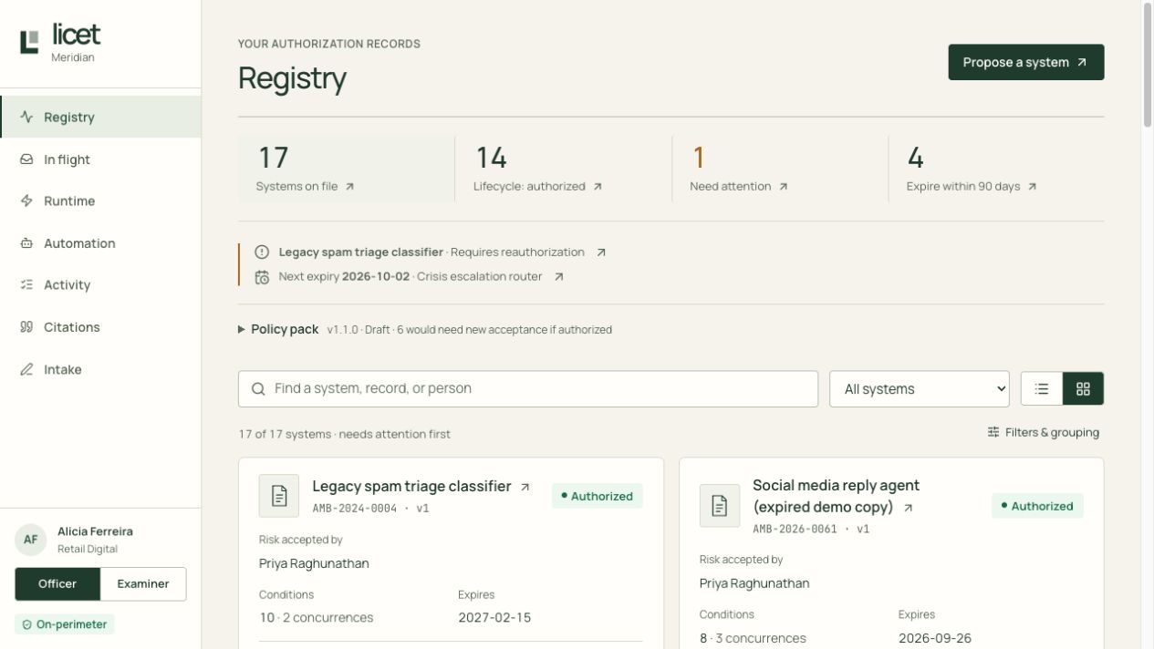 Actual licet Registry showing demonstration system records and authorization status.